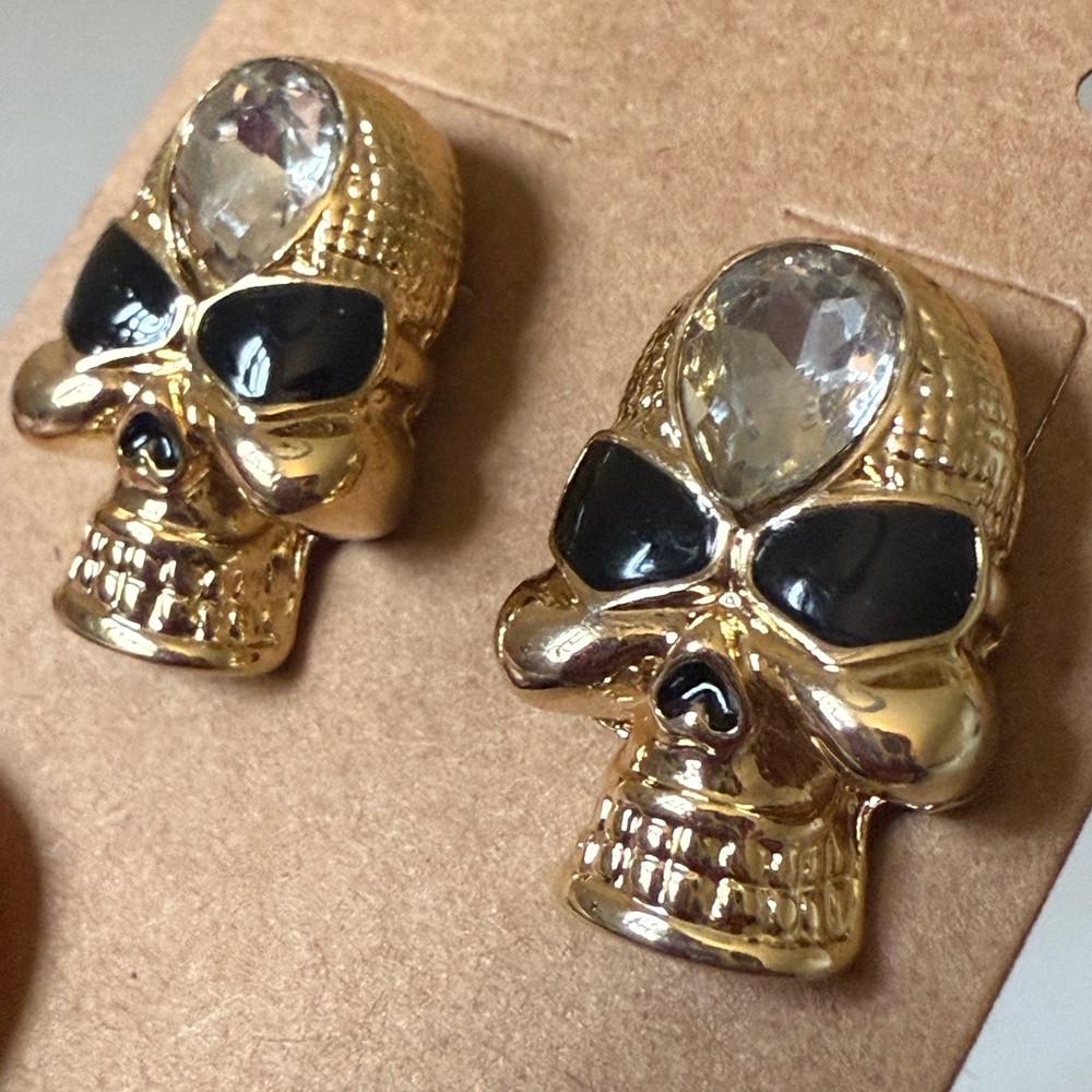 Gold and Black w/clear Rhinestone Skull Stud Earrings - Picture 4 of 5